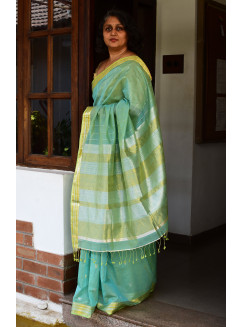Seagreen, Handwoven Organic Cotton, Textured Weave , Jacquard, Festive Wear, Jari , Butta Saree